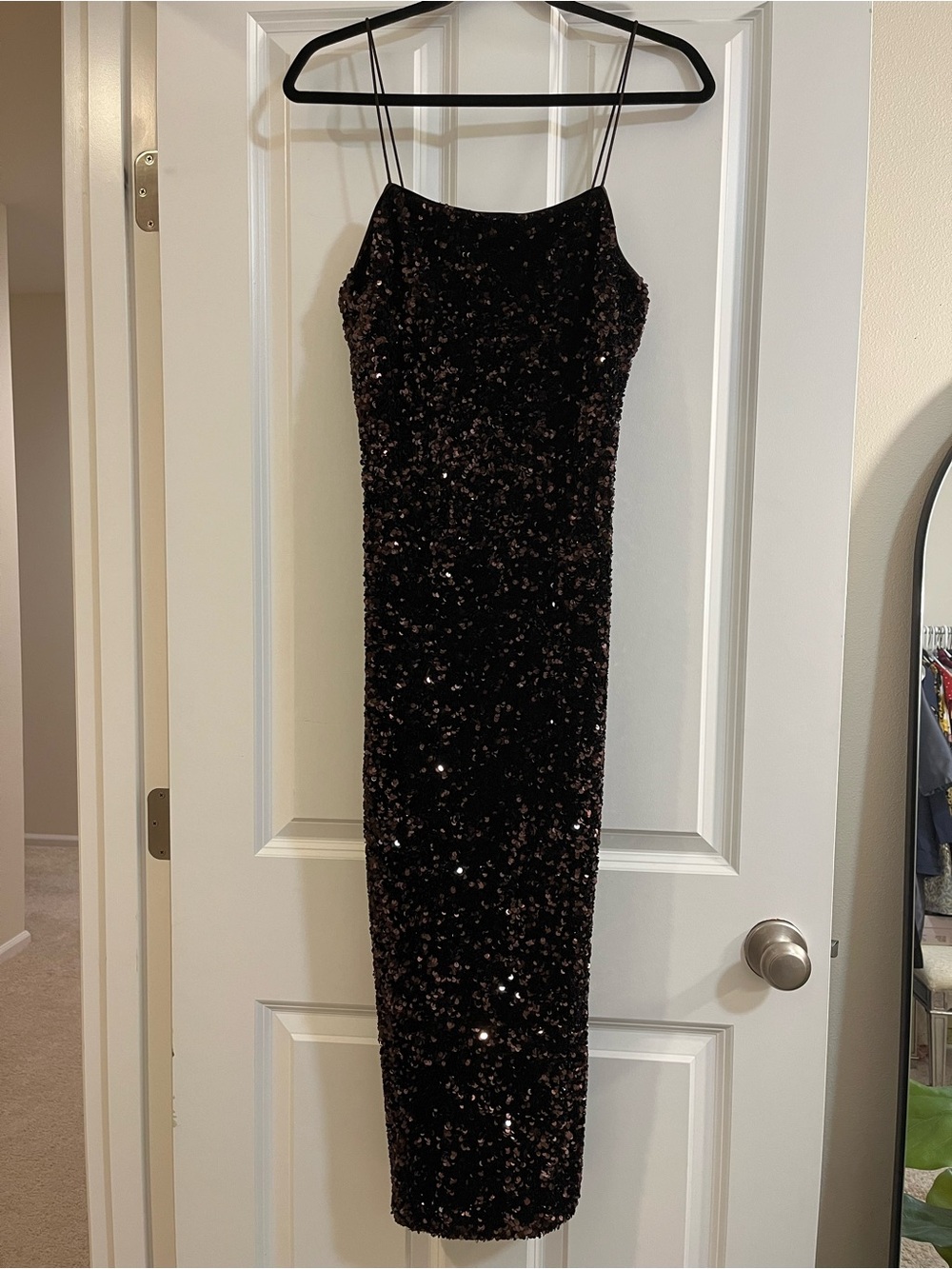 H&M Brown Sequin Midi Slip Dress with Spaghetti Straps